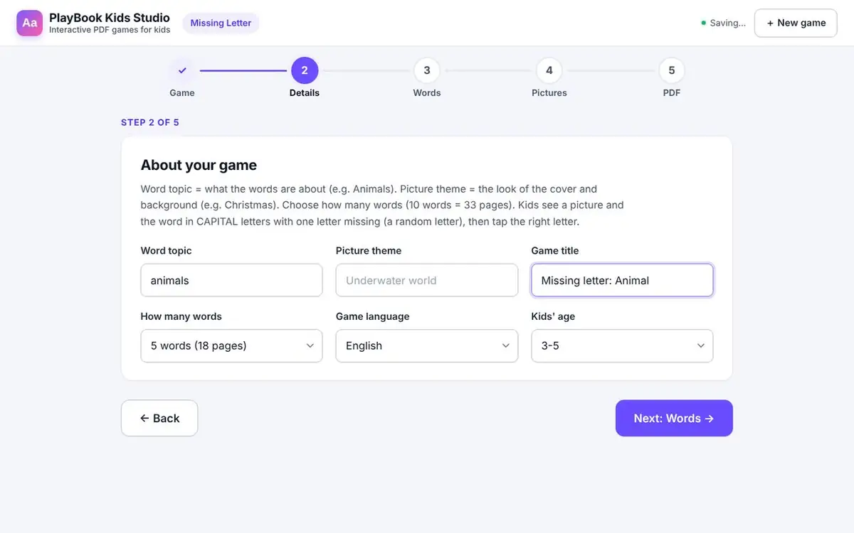 Step 2: game details