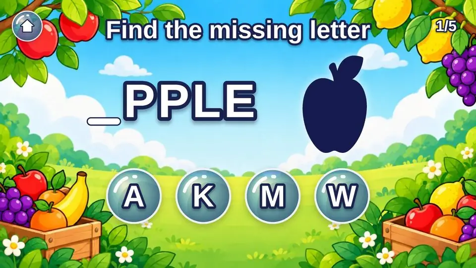 Cute Flat Cartoon style: a Missing Letter question page