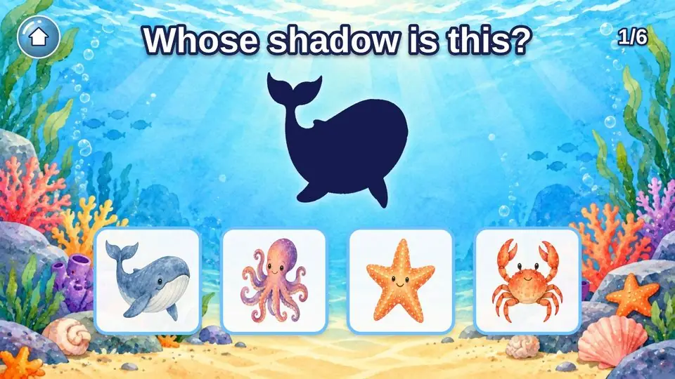 Storybook Watercolor style: a Guess the Shadow question page